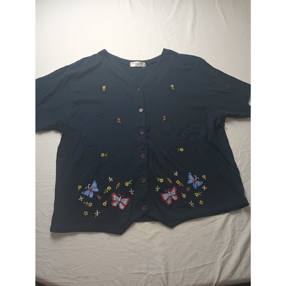 Vtg Victoria Jones Butterfly Embroidered Button Down Shirt Vest‎ Women XL
